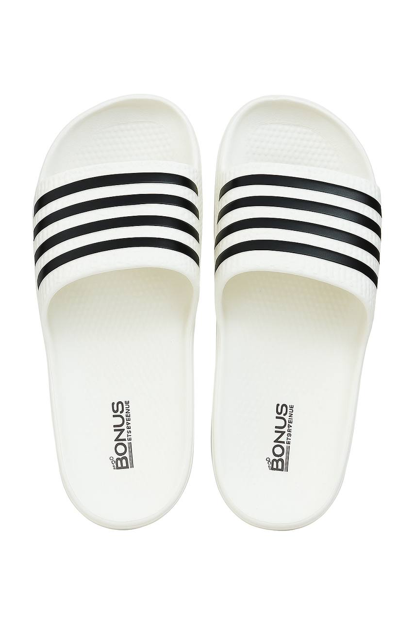 Men’s Stylish White and black Comfort Slides | Soft & Lightweight | Trendy Daily Wear Slippers Wholesale Pack of 12 (Mix Sizes)