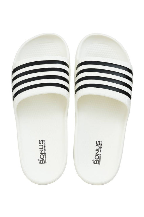Men’s Stylish White and black Comfort Slides | Soft & Lightweight | Trendy Daily Wear Slippers Wholesale Pack of 12 (Mix Sizes)