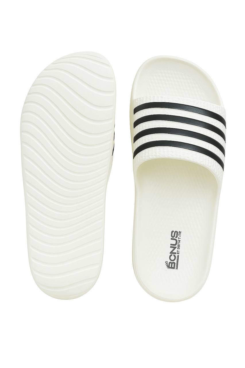 Men’s Stylish White and black Comfort Slides | Soft & Lightweight | Trendy Daily Wear Slippers Wholesale Pack of 12 (Mix Sizes)