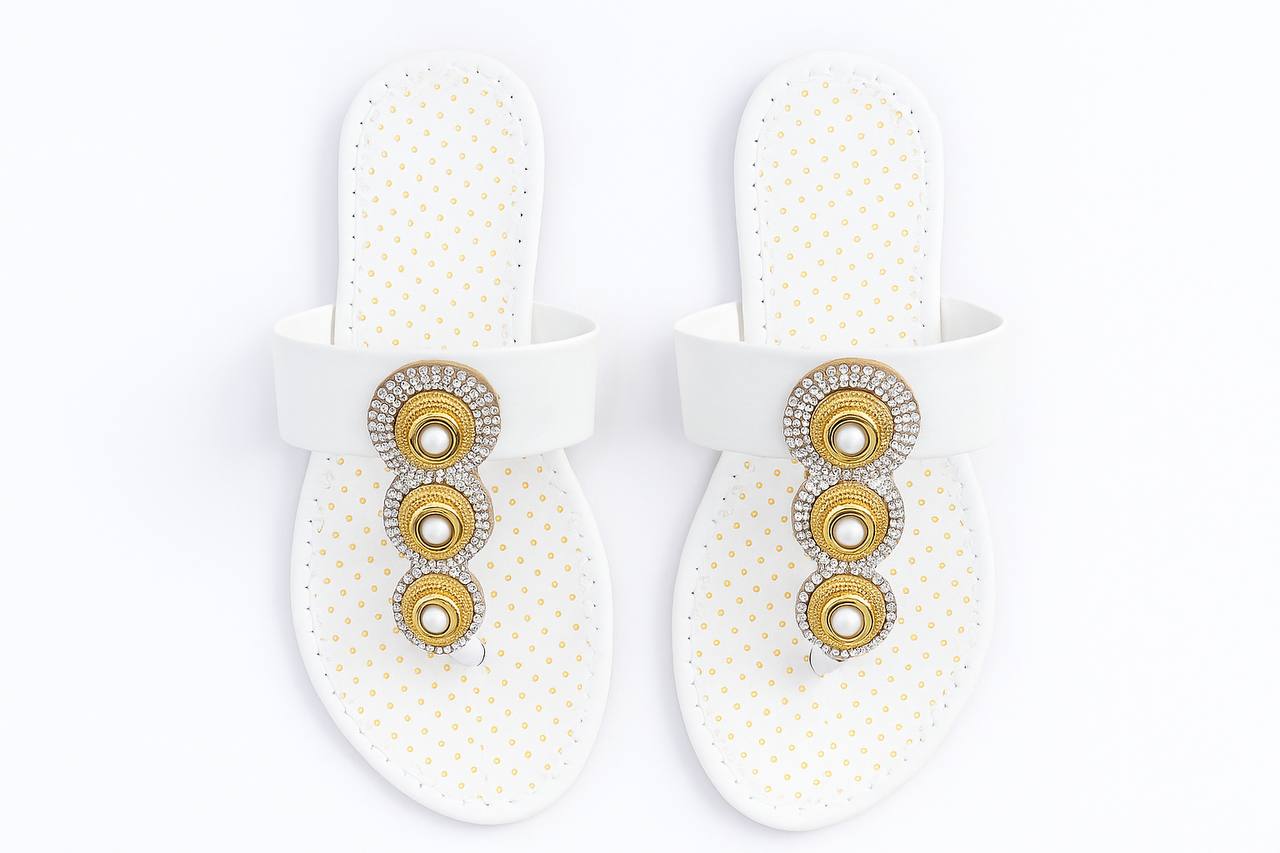 Women’s Fancy White Flat Chappal with Pearl Design (mix size)