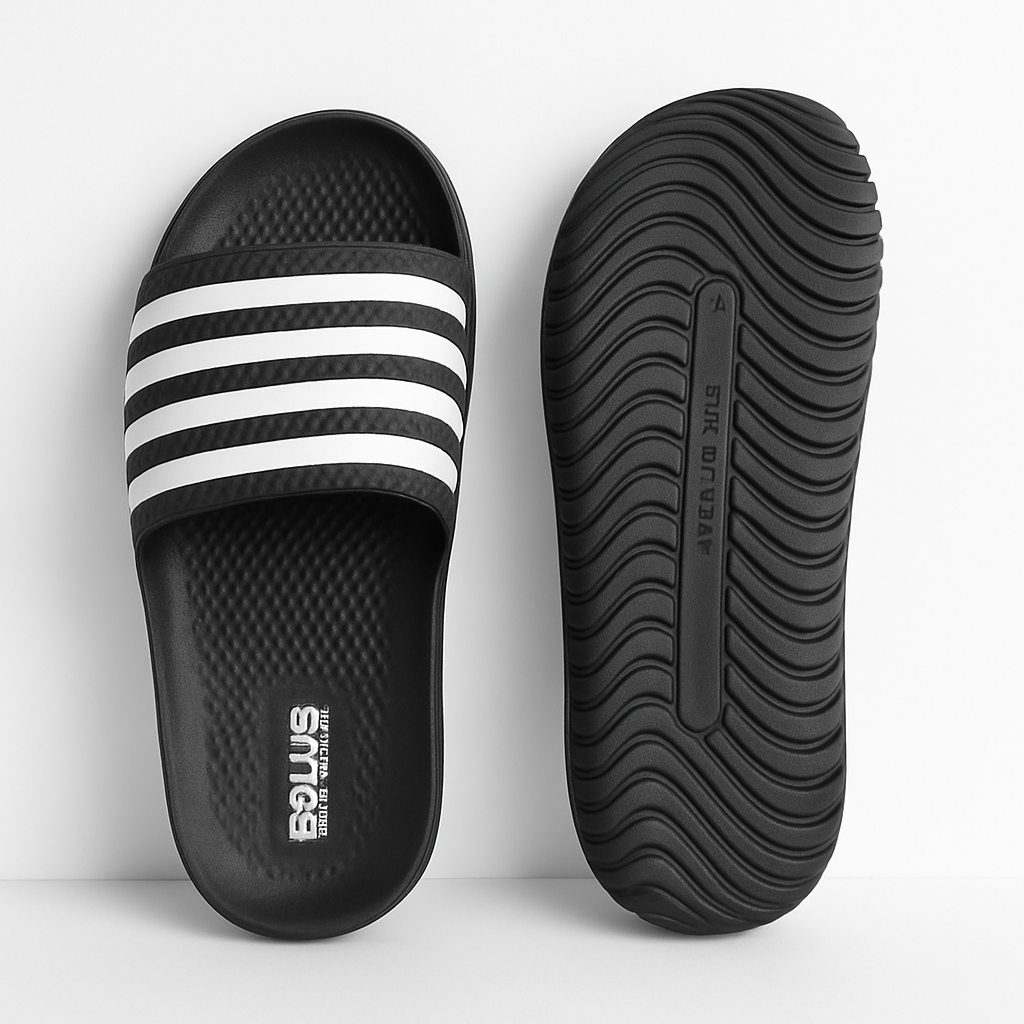 Men’s Stylish White and black Comfort Slides | Soft & Lightweight | Trendy Daily Wear Slippers Wholesale Pack of 12 (Mix Sizes)