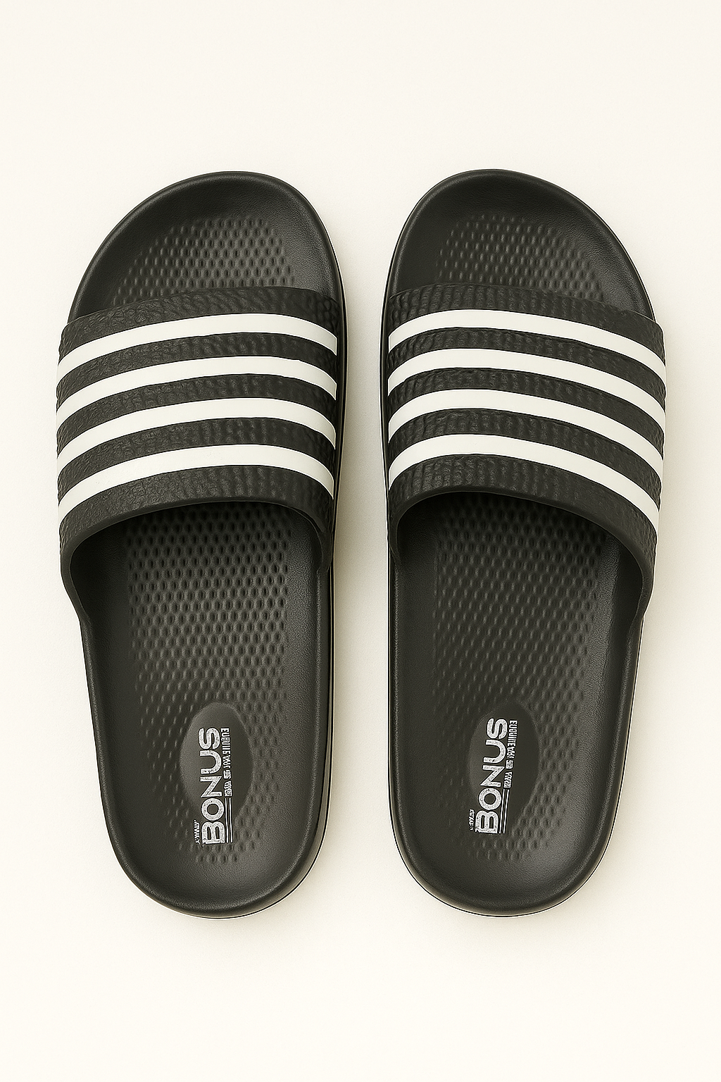 Men’s Stylish White and black Comfort Slides | Soft & Lightweight | Trendy Daily Wear Slippers Wholesale Pack of 12 (Mix Sizes)